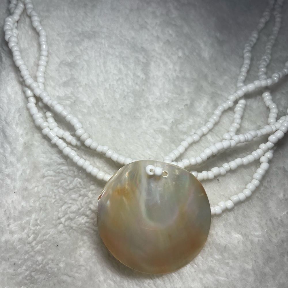 White Beaded Multi-Strand Necklace with Natural Shell Pendant - Picture 2 of 4